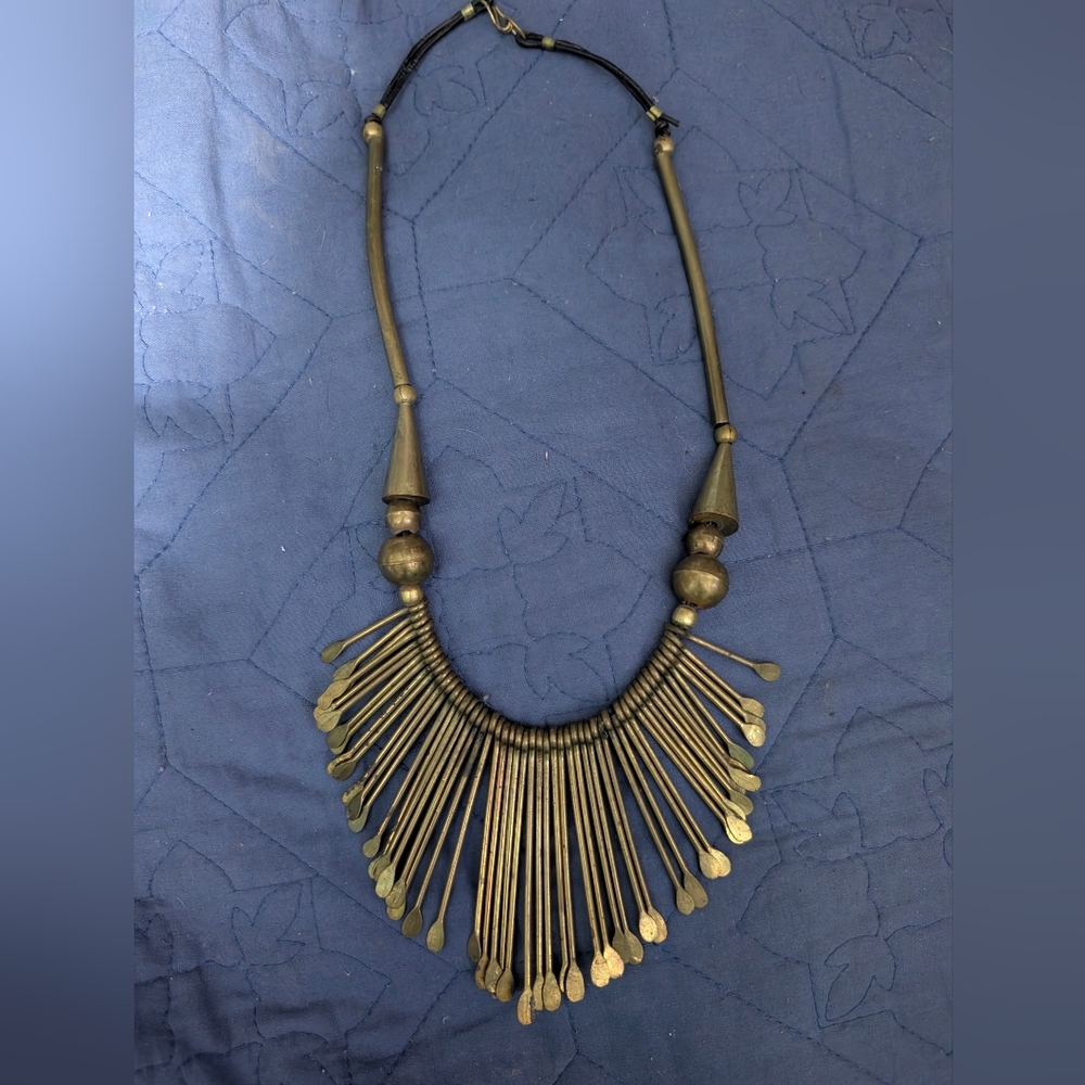 Vintage brass paddle runway bib statement necklace